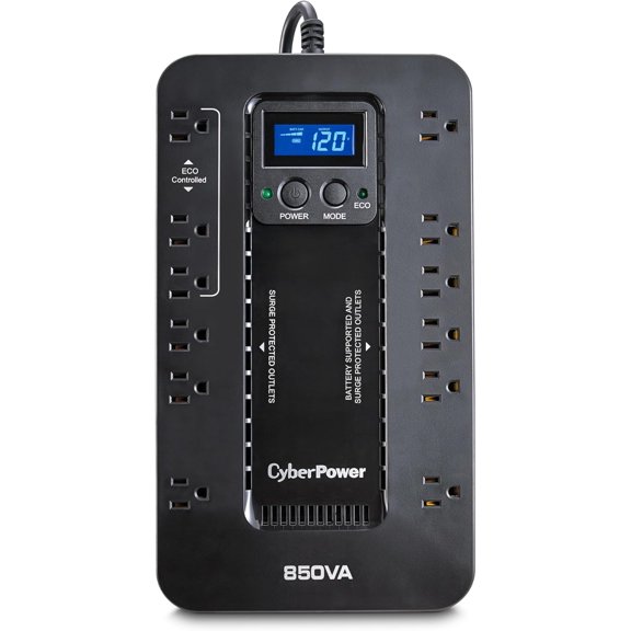EC850LCD Ecologic UPS Battery Backup and Surge Protector, 850VA/510W, 12 Outlets, ECO Mode, Compact, UL Certified