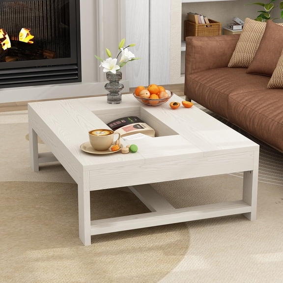 ECACAD 47.2" W Rectangular Coffee Table with Concave Top, Modern Center Table with Wood Grain for Living Room, Washed White