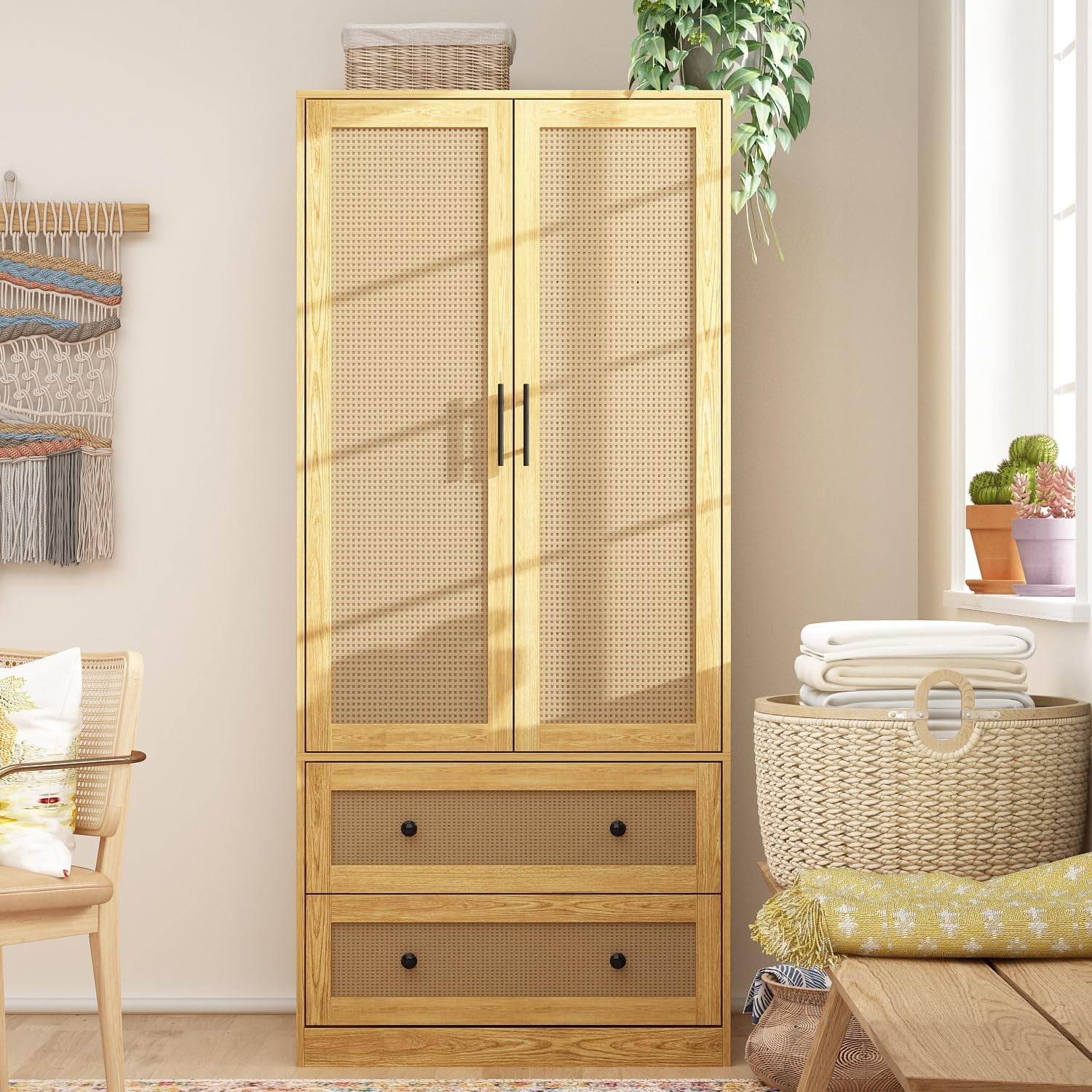 ECACAD Armoire Wardrobe Closet with 2 Rattan Doors & 2 Drawers, Wooden ...