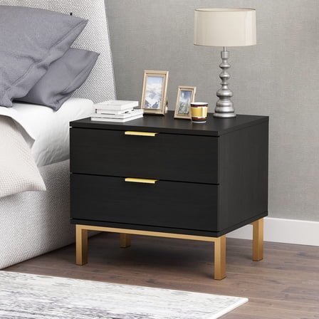 ECACAD Modern Nightstand with 2 Storage Drawers & Gold Metal Legs, Minimalist and Versatile Bedside Table Sofa End Side Table, Black (19.7" L x 15.7" W x 17.9" H)