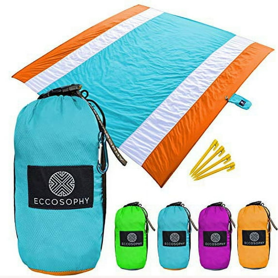 ECCOSOPHY Sandproof Beach Blanket - Oversized Sand Free Beach Mat 9'x10' - Lightweight Outdoor Mat - Double Anchored with 4 Corner Sand Pockets & Plastic Stakes - Heat Proof, Quick Drying &