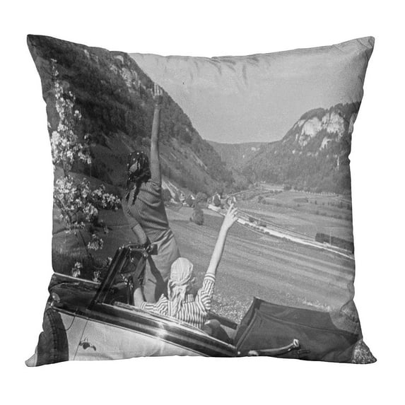 ECCOT 1930S Women on Road Trip in The Country Waving Hands from Car Vintage Mountain Black White Bygone Pillowcase Pillow Cover Cushion Case 18x18 inch