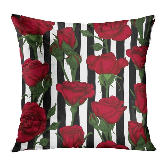 ECCOT Beautiful Rosebuds Leaves Stems on Black and White Watercolor Stripes and of The Wedding Birthday Pillowcase Pillow Cover Cushion Case 16x16 inch