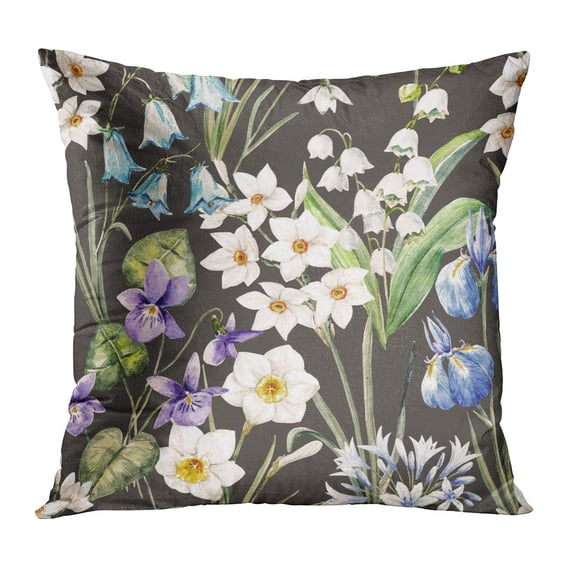 ECCOT Blue Garden Watercolor Floral Spring Pattern Violet Flowers Narcissus Lily of The Valley Acanthus Aquila Pillow Case Pillow Cover 20x20 inch