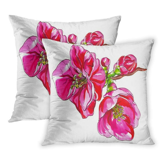 ECCOT Pink Red Quince Flower Blossom Watercolor Tropical on Branch Botanical for Wedding Pattern Japanese PillowCase Pillow Cover 18x18 inch Set of 2