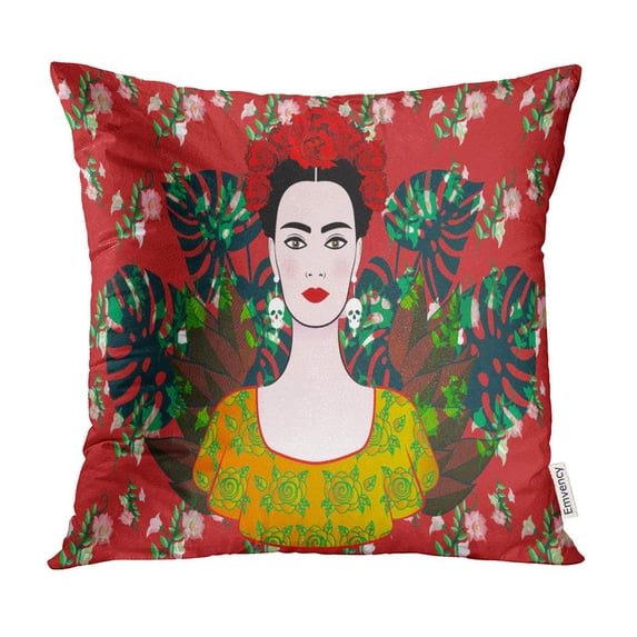 ECCOT Portrait of The Young Beautiful Mexican Woman Traditional Hairstyle Skulls Earrings Pillow Case Pillow Cover 18x18 inch