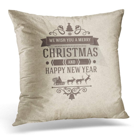 ECCOT Premium Class Vintage Retro Flat Merry Christmas Badge and New Year Wish Greeting with Brown Text Pillowcase Pillow Cover Cushion Case 18x18 inch