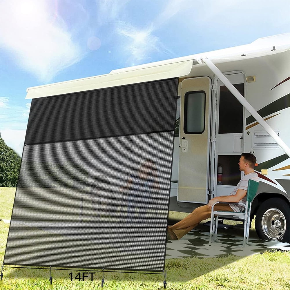 ECCPP 14' X 8' RV Awning Front Shade Screen, Universal Sun Shade Screen with Complete Kits, Awning Sun Shade Screen Front Side Awning Complete Kit Black Grid