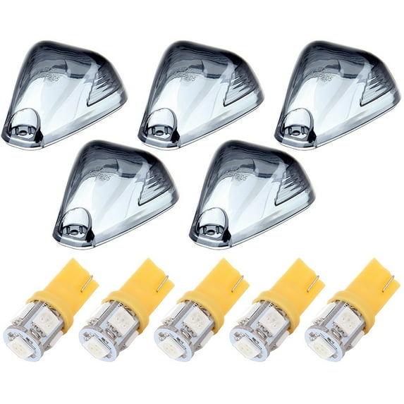 ECCPP 5 Pack Smoke Cab Marker Light Cab Roof Running Top Clearance Marker Covers with Yellow Light Bulbs and Wiring Pack fit for for Ford F250 F350 F450,04-18 for Chevrolet Silverado 1500 2500