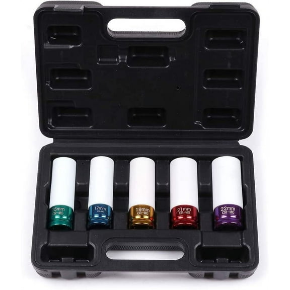 ECCPP 5pcs 1/2 inch Drive Thin Wall Impact Socket Wheel Rim Protector Tool Set 15mm 17mm 19mm 21mm 22 mm CR-MO Steel