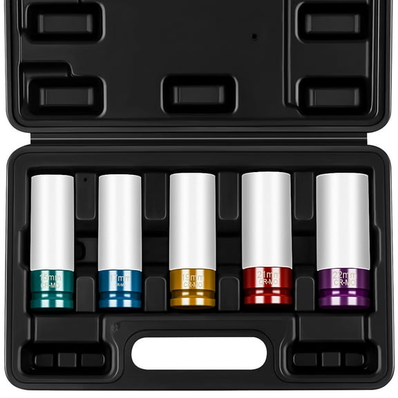 ECCPP 5pcs 1/2 inch Drive Thin Wall Impact Socket Wheel Rim Protector Tool Set 15mm 17mm 19mm 21mm 22 mm CR-MO Steel