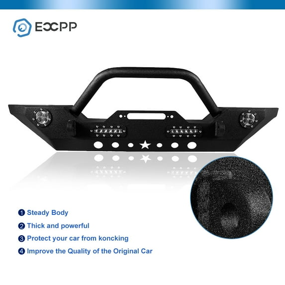 ECCPP Fit for 2007-2018 for Jeep Wrangler JK mid width front bumper with bar Texture Black (with D-ring & LED Lights & Winch Plate )