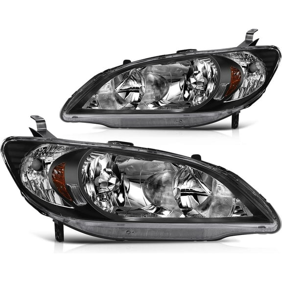 ECCPP Headlights Assembly Direct Replacement For Honda Civic 2004-2005 Headlamps Black Housing Amber Reflector Clear Lens Left+Right Side 33101S5AA51