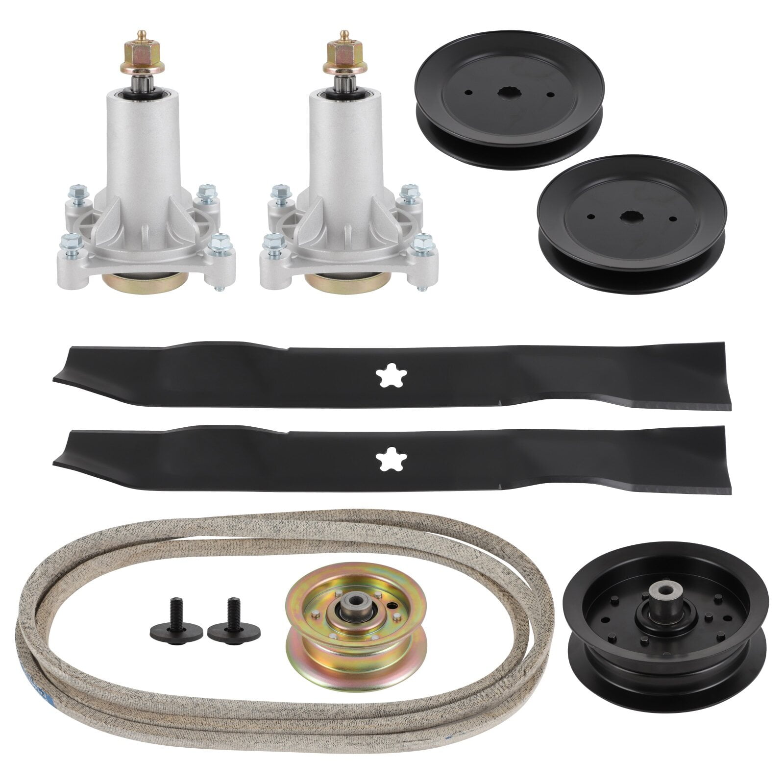 ECCPP Lawn Mower Deck Parts Rebuild Kit 42" Deck Rebuild Kit Compatible for Poulan Pro PP19A42 PB185A42 PB195H42LT PB20H42YT, 1 Belt 2 Spindle Assembly 2 Mower Pulleys 2 Mower Blades 2 Idler Pulleys