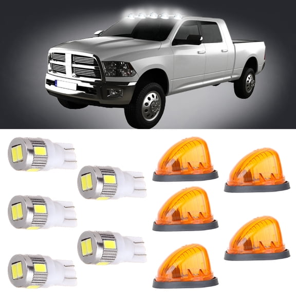 ECCPP Round-Shape Cab Marker Cover Top Clearance Roof Running Light w/Base T10-6-5730-SMD Xenon White LED Bulbs (AmberLen Total 5)