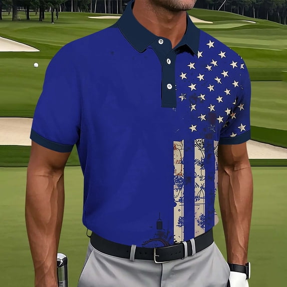 ECHFIPROM 4th of July Polo Shirts for Men Workout Collared Short Sleeve Blue Jersey Classic Fit Stretch Casual Tennis Lovers Tops