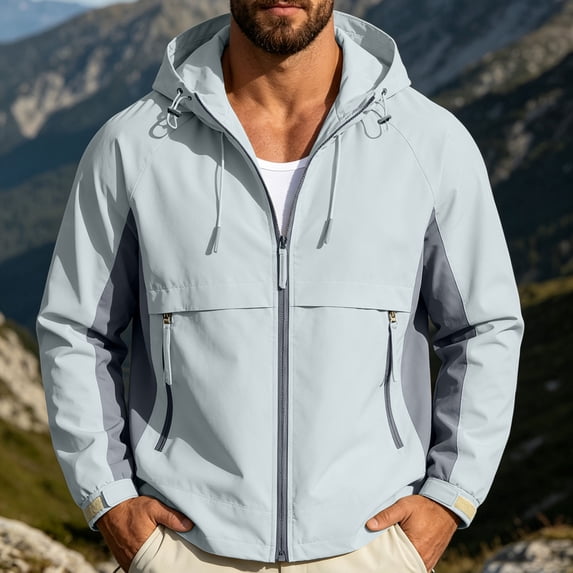 ECHFIPROM Hiking Rain Jacket for Men Gray Hooded Running with Pockets Heavyweight Work Zip up Adults Rain Coat Waterproof 3XL