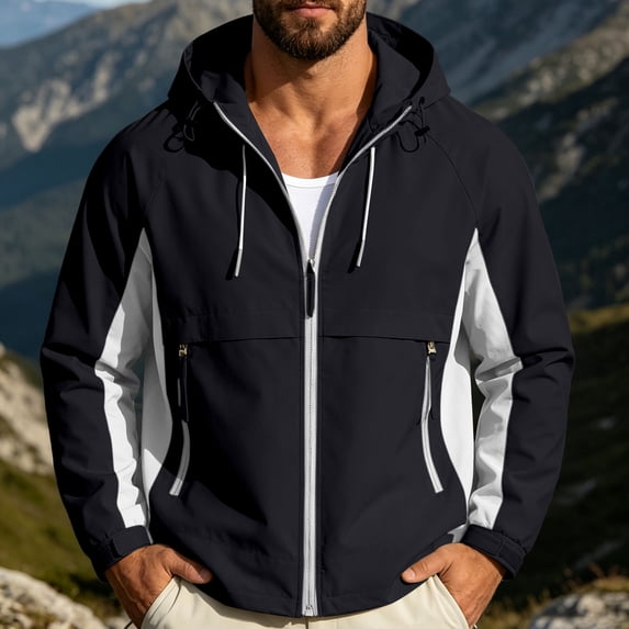 ECHFIPROM Hooded Rain Jacket for Men Black Camping Waterproof Hiking Zipper Heavyweight Winter Big and Talls Raincoat Outdoor,L
