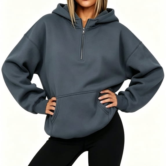 ECHFIPROM Hoodie for Women with Pocket 1/4 Zip Oversized Casual Solid Color Long Sleeve Womens Navy Pullover Winter Breathable Top,S