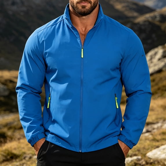 ECHFIPROM Lightweight Rain Jacket for Men Waterproof with Pockets Cycling Blue Outdoor Hoodless Zip up Winter Adults Rain Coat,S