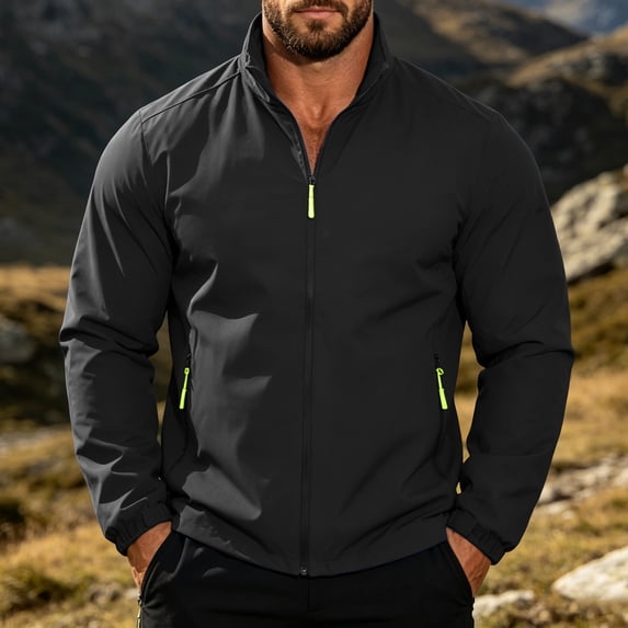 ECHFIPROM Lightweight Rain Jackets for Men Packable Winter Cycling Zip up Hoodless Big and Talls Rain Coat with Pockets,2XL