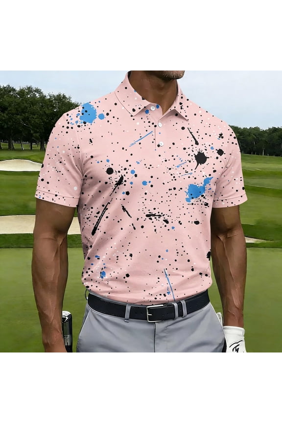 Mens Polo Shirts Pink Short Sleeve Stretch Collared Jersey Casual Tops for Young Men