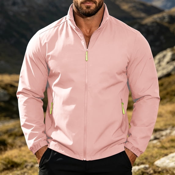 ECHFIPROM Mens Rain Jackets Lightweight Camping Waterproof Pink Winter Packable Zipper Work Hoodless Raincoat for Adult with Pockets,XL