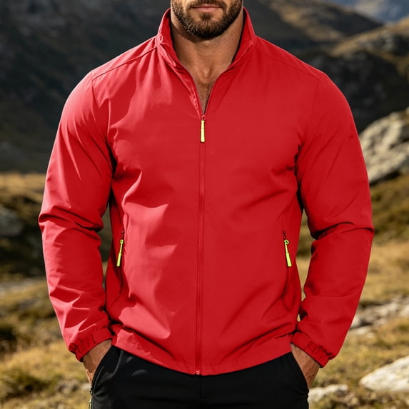 ECHFIPROM Waterproof Rain Jacket for Men with Pockets Hiking Lightweight Hoodless Full Zipper Outdoor Red Winter Adults Windbreaker,L