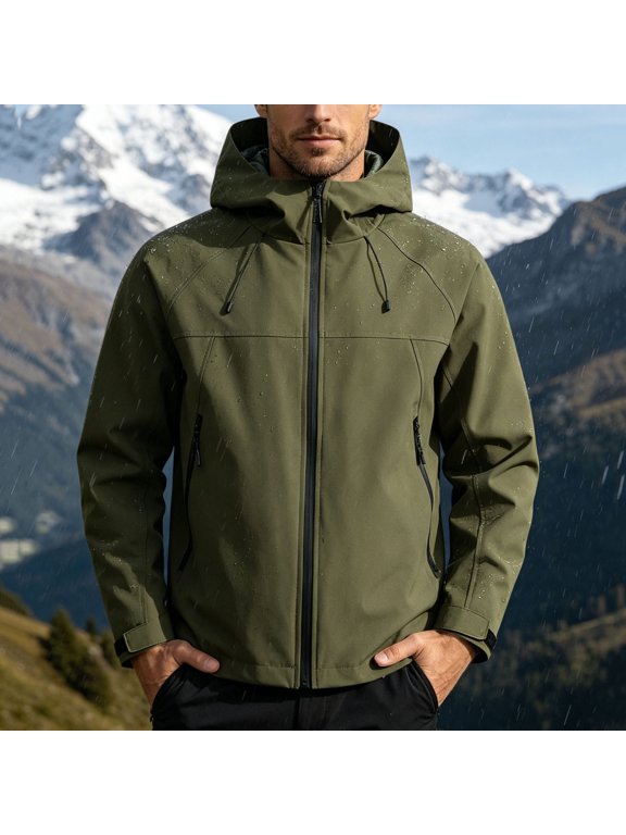 Waterproof Rain Jackets for Men Lightweight with Pockets Running Hooded Army Green Adjustable Hood Big and Talls Rain Coat,L