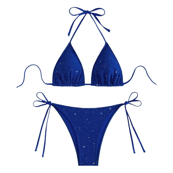 ECHFIPROM Women's Shiny Triangle Bikini Set,2 Piece Bathing Suits for Women Adjustable Tie Side Swimwear for Beach & Pool,Blue,L