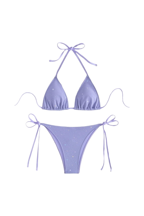 Women's Shiny Triangle Bikini Set,2 Piece Bathing Suits for Women Adjustable Tie Side Swimwear for Beach & Pool,Purple,S