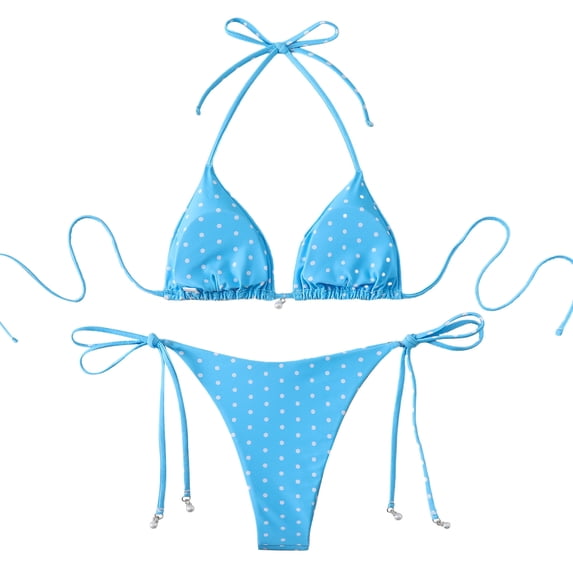ECHFIPROM Womens Polka Dot High Waisted Drawstring Bikini Set,2 Piece Bathing Suits for Women Adjustable Swimwear,Light Blue,L