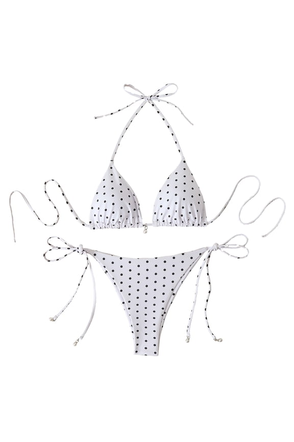 Womens Polka Dot High Waisted Drawstring Bikini Set,2 Piece Bathing Suits for Women Adjustable Swimwear,White,M