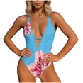thumbnail image 1 of ECHFIPROM Womens Ruched One Piece Swimsuits High Cut Cutout Sky Blue Floral Crisscross Tie Back Bathing Suit for Ladies, 1 of 5