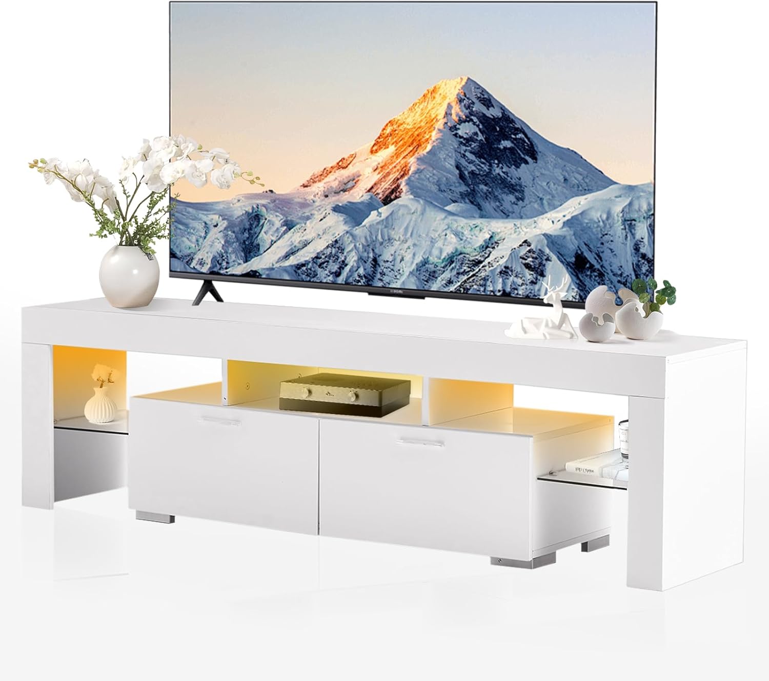 ECHINGLE 75 Inch TV Stand, High Gloss TV Entertainment Center for 55 to ...