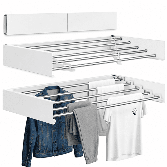 ECHOKRAFTS Foldable Stainless Steel and Iron Indoor Wall Mounted Clothes Drying Rack, White