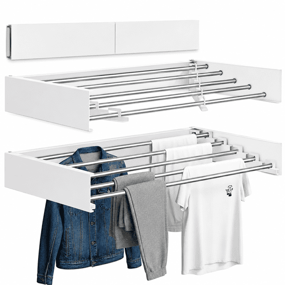 ECHOKRAFTS Foldable Stainless Steel and Iron Indoor Wall Mounted Clothes Drying Rack, White