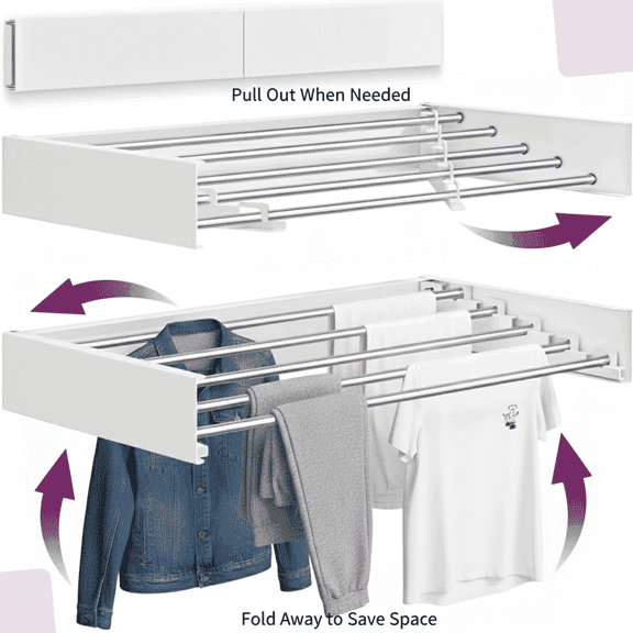 ECHOKRAFTS Foldable Stainless Steel and Iron Indoor Wall Mounted Clothes Drying Rack, White