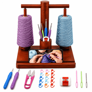 ECHOKRAFTS Wooden Yarn Holder for Crocheting & Knitting, Dual Spindle with Crochet Accessories