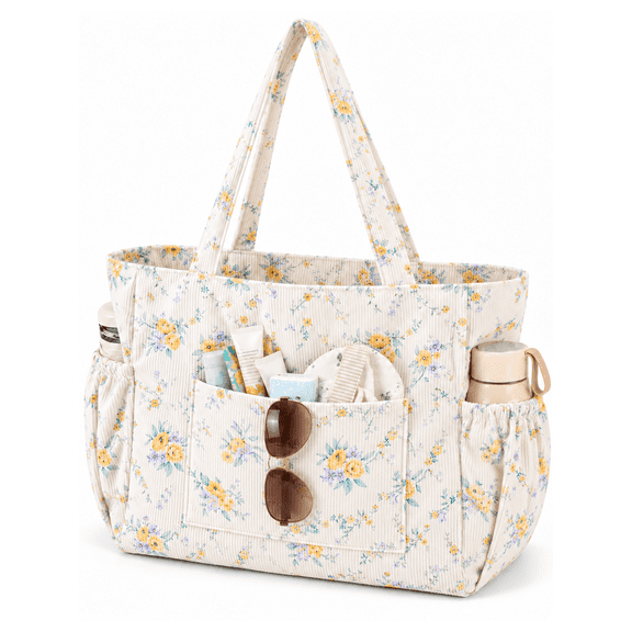ECHOVIVI Corduroy Tote Bag for Women, Large Floral Shoulder Handbag with Zipper and 6 Pockets, Lightweight Multi Pocket Work Teacher Travel Tote Purse