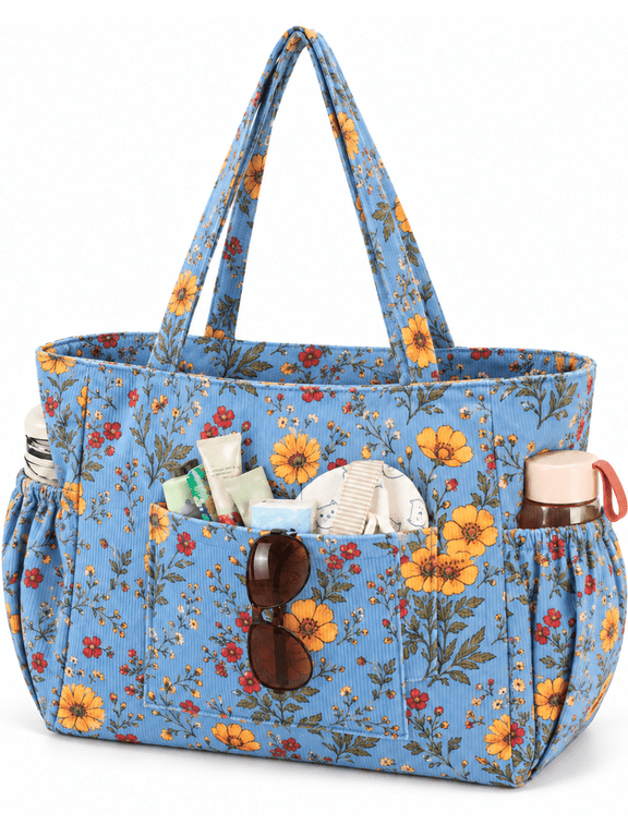 Corduroy Tote Bag for Women, Large Floral Shoulder Handbag with Zipper and 6 Pockets, Lightweight Multi Pocket Work Teacher Travel Tote Purse
