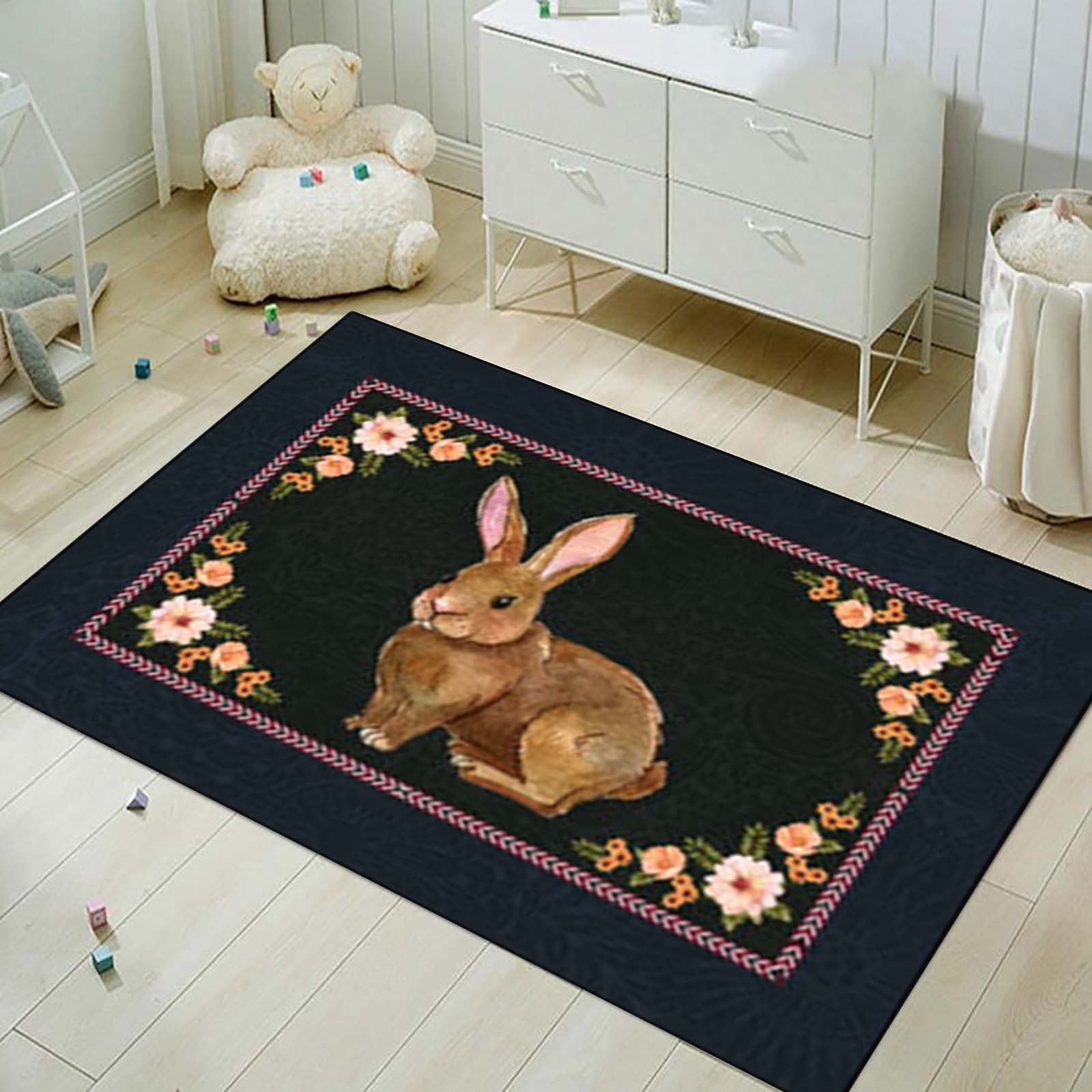 ECHOYY Border British Style Easter Bunny Flowers Dark Blue Living Room