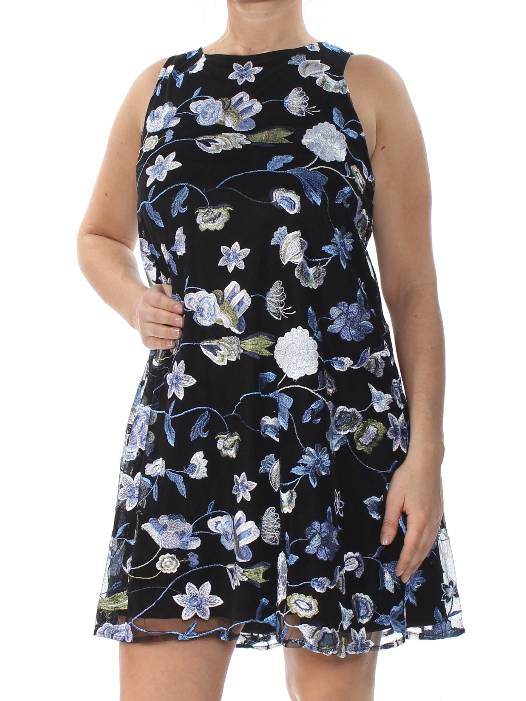 ECI $80 Womens New 1235 Blue Floral Sheer Sleeveless Shift Dress L B+B