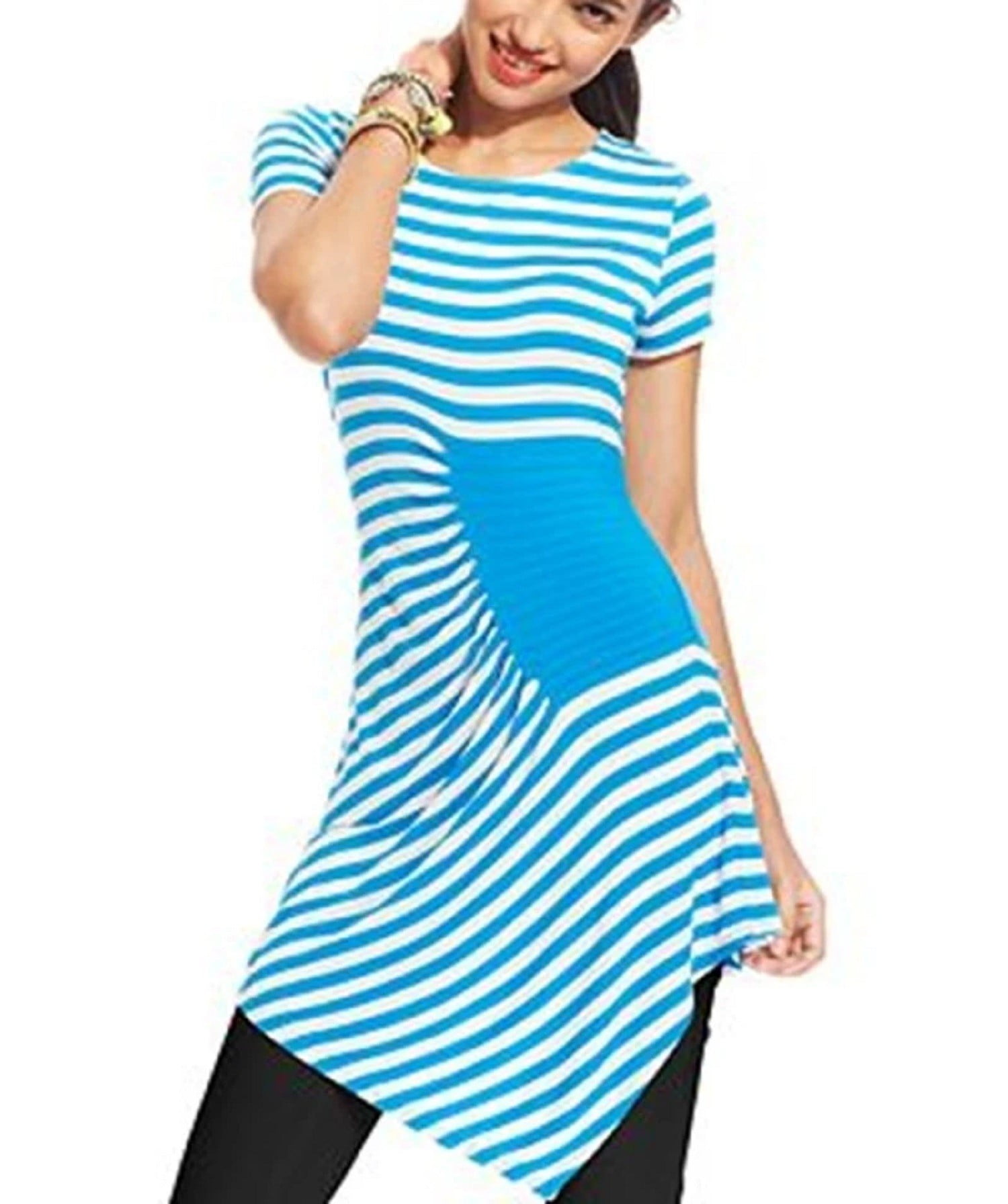 ECI Blue Ruched Striped Asymmetrical Hem Top Blouse Shirt Women's Large