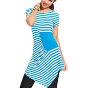 ECI Blue Ruched Striped Asymmetrical Hem Top Blouse Shirt Womens Large