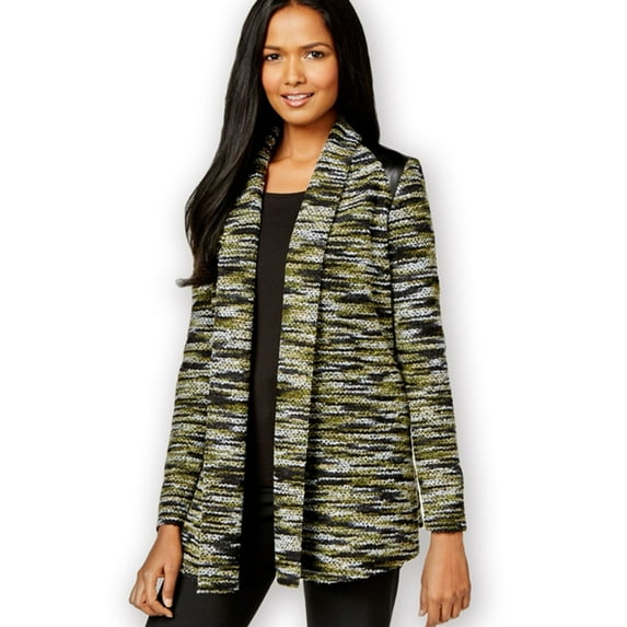 ECI New York Womens Faux-Leather Boucle Cardigan Sweater, Green, X-Small
