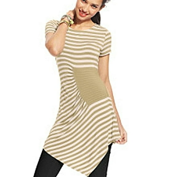 ECI Tan Ruched Striped Asymmetrical Hem Top Blouse Shirt Women's Small