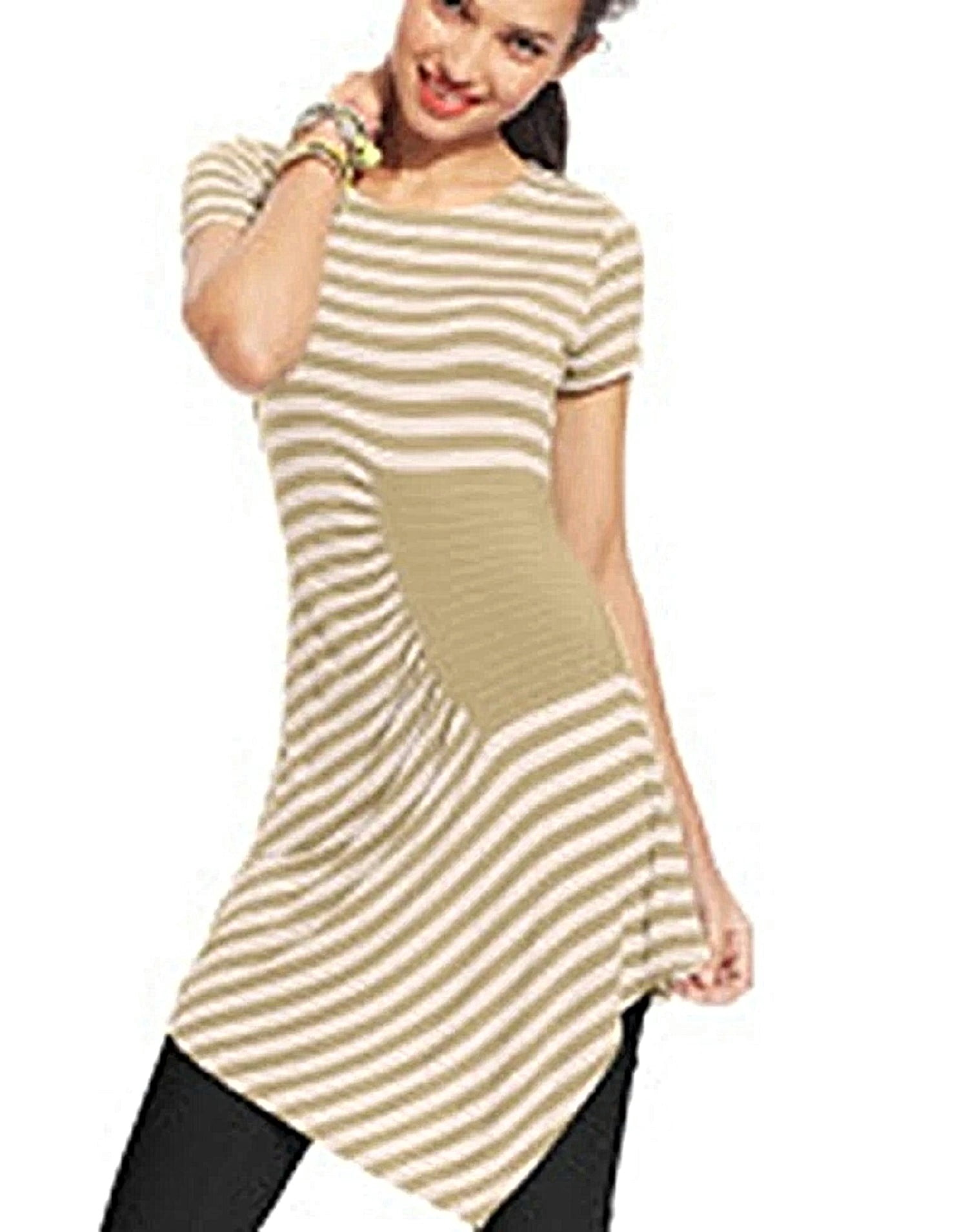 ECI Tan Ruched Striped Asymmetrical Hem Top Blouse Shirt Women's XL