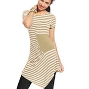 ECI Tan Ruched Striped Asymmetrical Hem Top Blouse Shirt Womens XL