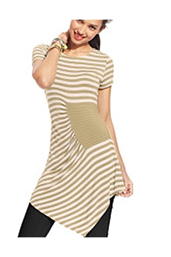 Tan Ruched Striped Asymmetrical Hem Top Blouse Shirt Women's XL